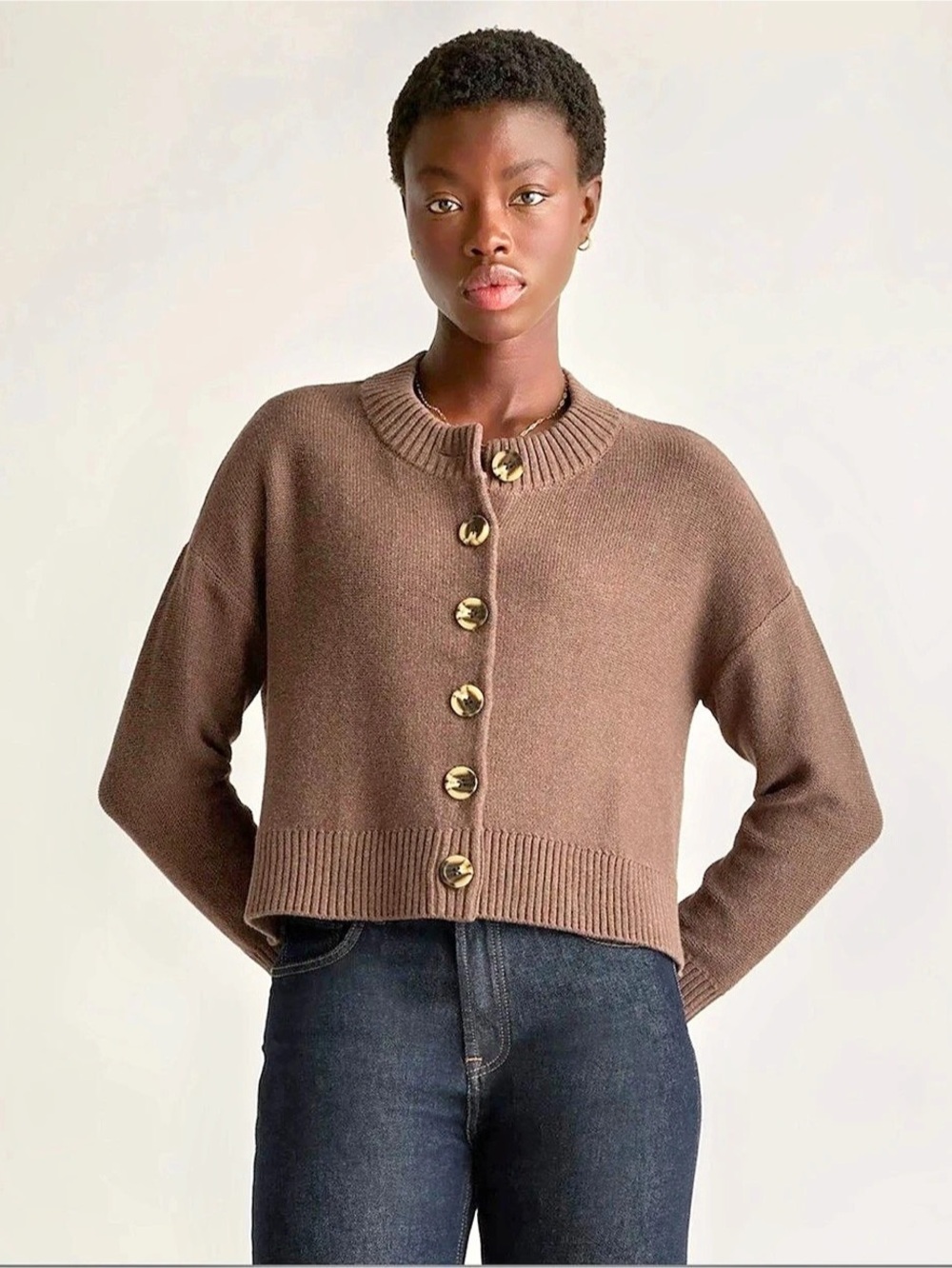 Quince 100% Organic Cotton Cropped Cardigan Brown Taupe Size S